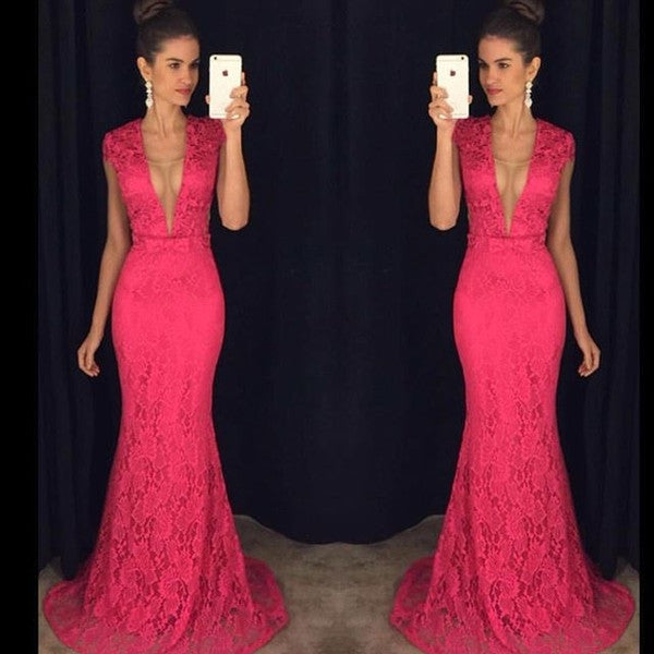 hot pink lace prom dress,long Prom ...